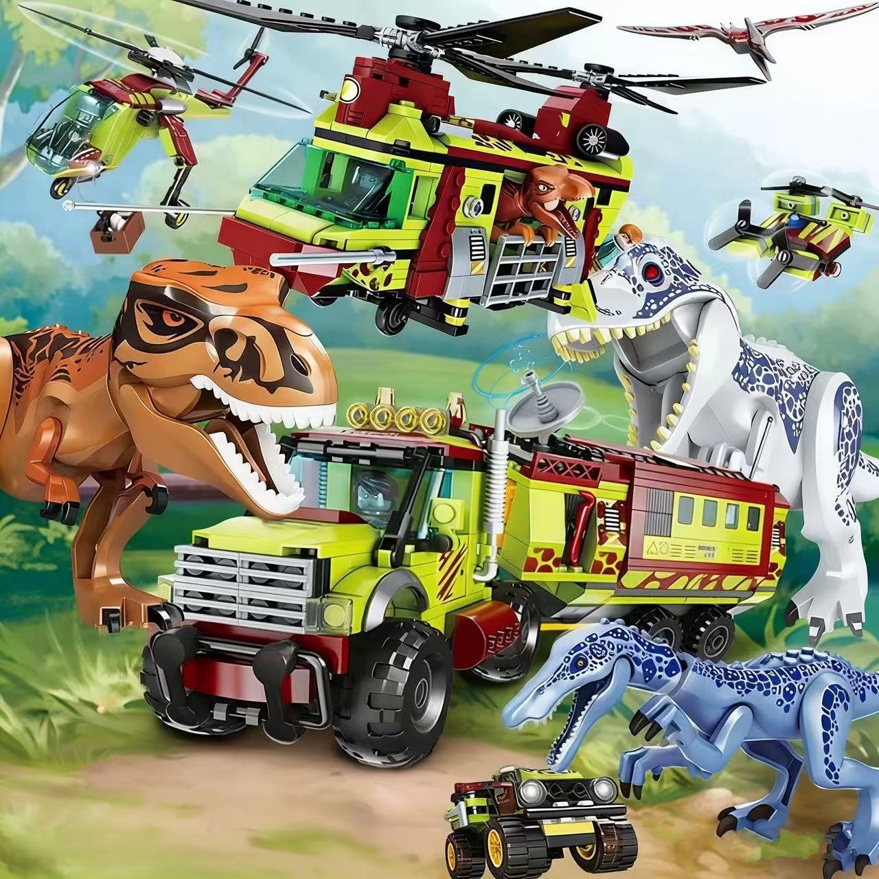 Kids Toys Helicopter - Jurassic Dinosaurier-Serie Rettungs-Tyrannosaurus Rex Helikopter Baustein-Spielzeug